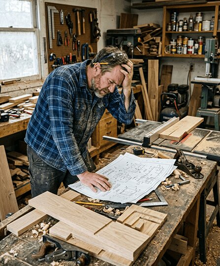 frustrated woodworker with bad plans